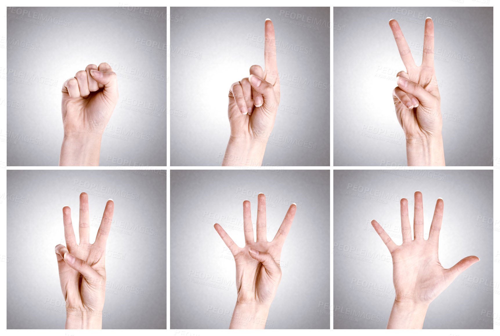 Buy stock photo Fingers, mathematics and sign numbers in studio for counting or education purpose on gray background. Vote, review or count down shown in language for communication success and isolated on backdrop.