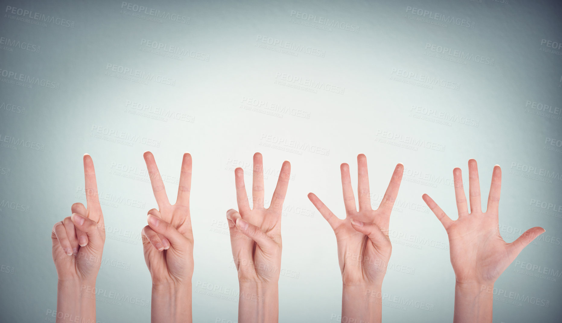 Buy stock photo Hands, numbers and collage for counting in studio isolated on white background mockup space. Fingers, palm and montage of group with sign, communication or composite together for countdown on closeup