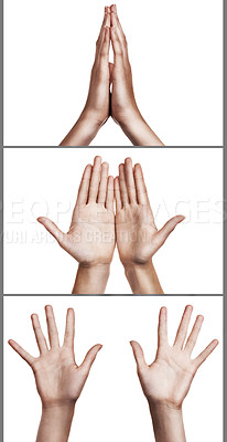 Buy stock photo Hands, palm and collage for gesture in studio isolated on a white background. Closeup, open and fingers of person in montage with sign, prayer and religion for worship on composite with an emoji