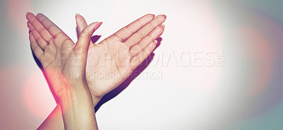 Buy stock photo Sign, hands and woman for birds, freedom or flying with emoji, wings and gesture. Signals, fingers and girl with symbol for icon, emoticon and expression for angel, soaring and liberty on background