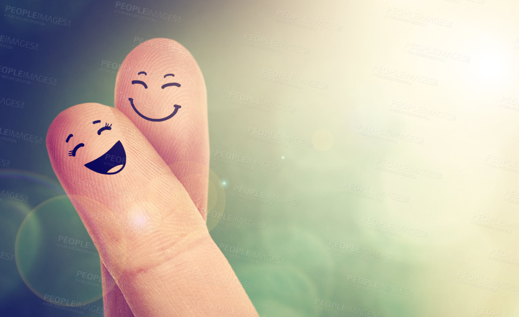 Buy stock photo Funny, face drawing and couple of fingers in studio isolated on a background mockup space. Happy, index and art on hand with friends, sign or point at emoji closeup for lens flare with smile on bokeh