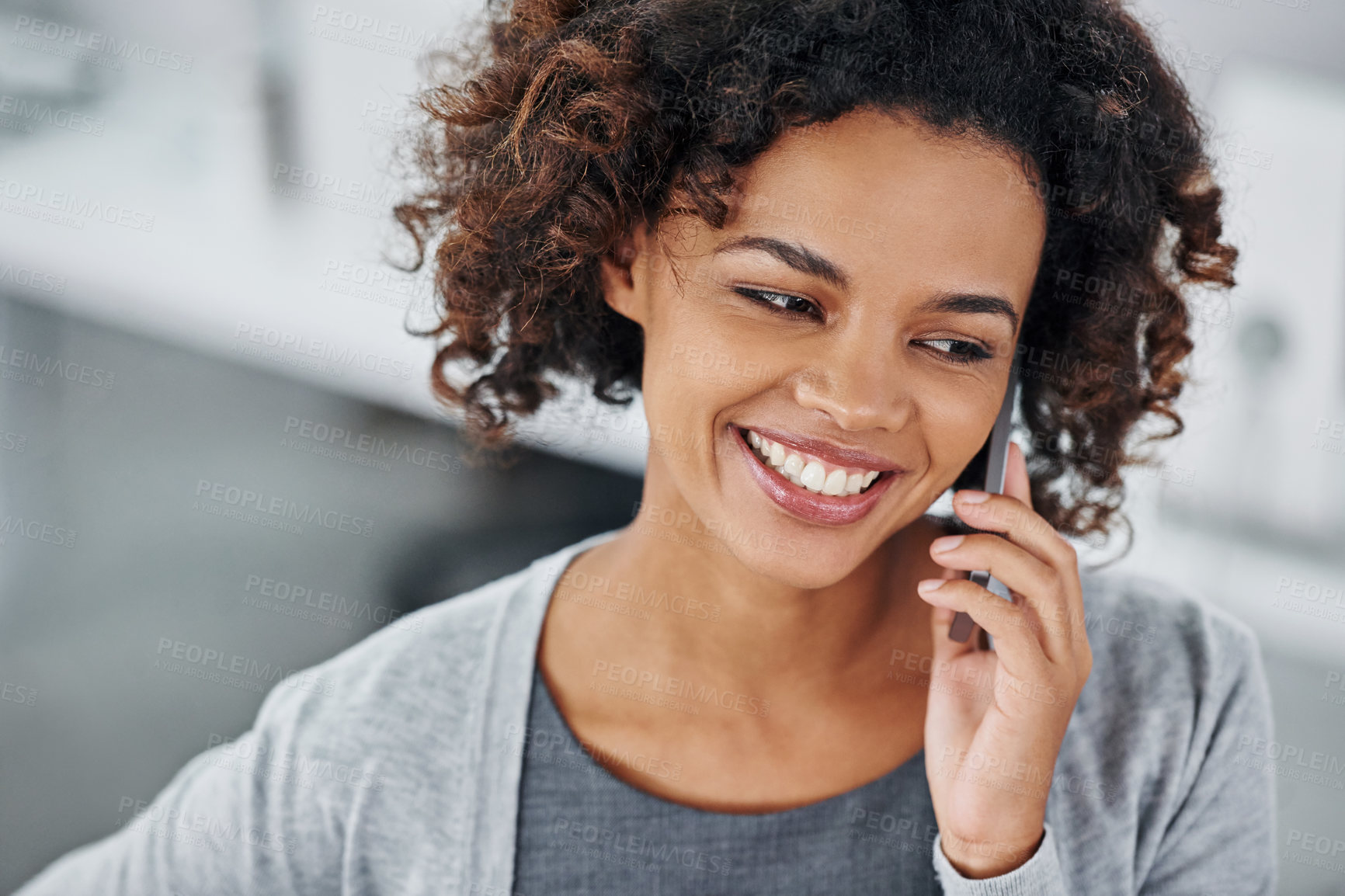 Buy stock photo Woman, happy and smartphone for phone call with conversation, communication and mobile in office. Closeup, female person and smile or satisfied with work break for positive discussion and connection
