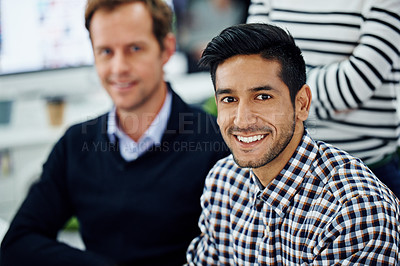 Buy stock photo Coworker, men and office with smile for startup in business, company and growth as web developers. Portrait, colleagues and happy for teamwork or collaboration in creative career, work and satisfied
