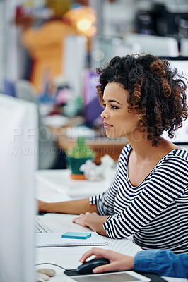 Buy stock photo Woman, working and computer with writing, editing and proofing for deadline in workplace or office. Journalist, media and professional for story, bulletin and feature for magazine or newspaper