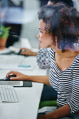 Buy stock photo Business woman, working and computer with planning in office with idea and graphic design project. Staff, professional and startup with a digital employee at a desk with email for company website