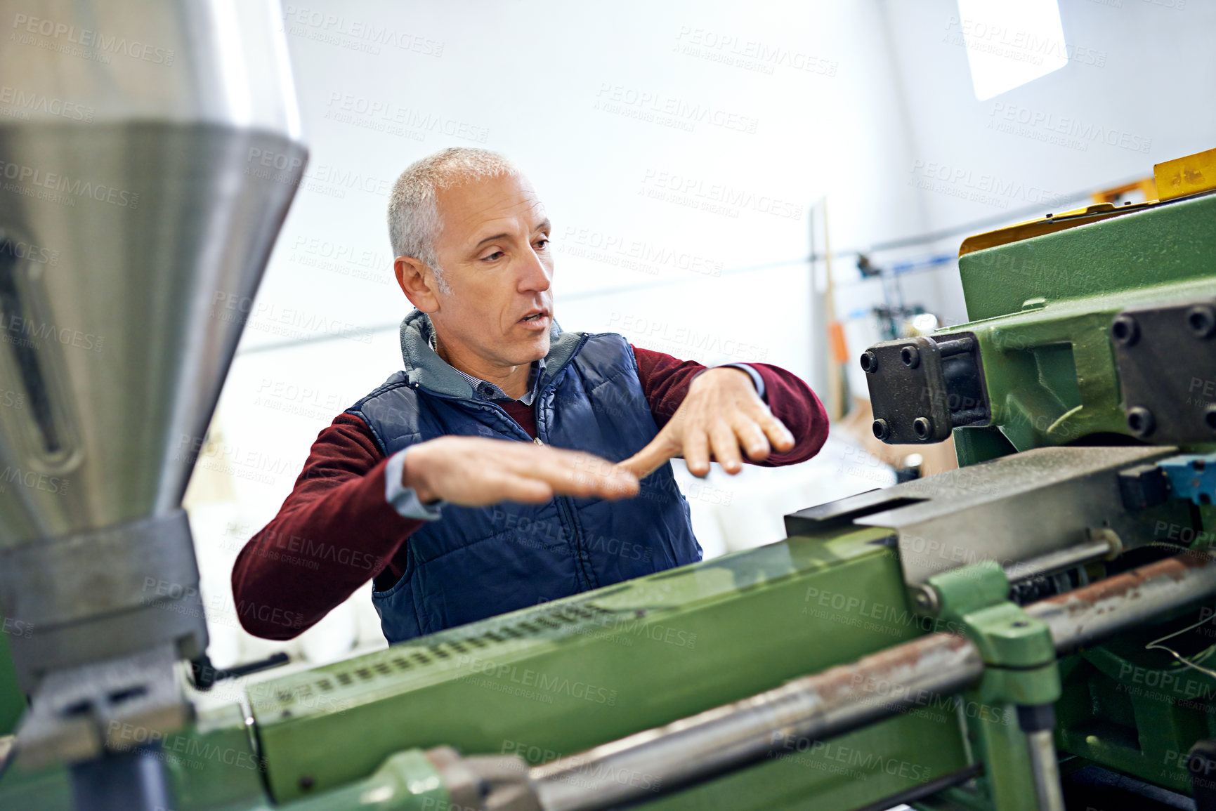 Buy stock photo Factory, machine and man in work discussion, maintenance for industrial safety and diversity employees together. Mechanical engineering, production monitoring system or inspection in warehouse