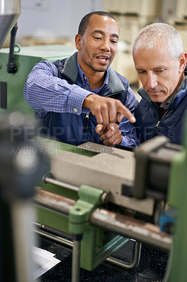 Buy stock photo Factory, machine and men in work discussion, maintenance for industrial safety and diversity employees together. Mechanical engineering, production monitoring system or inspection in warehouse