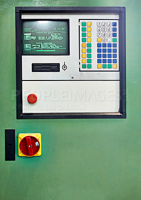 Buy stock photo Closeup shot of a control panel on a piece of factory machinery