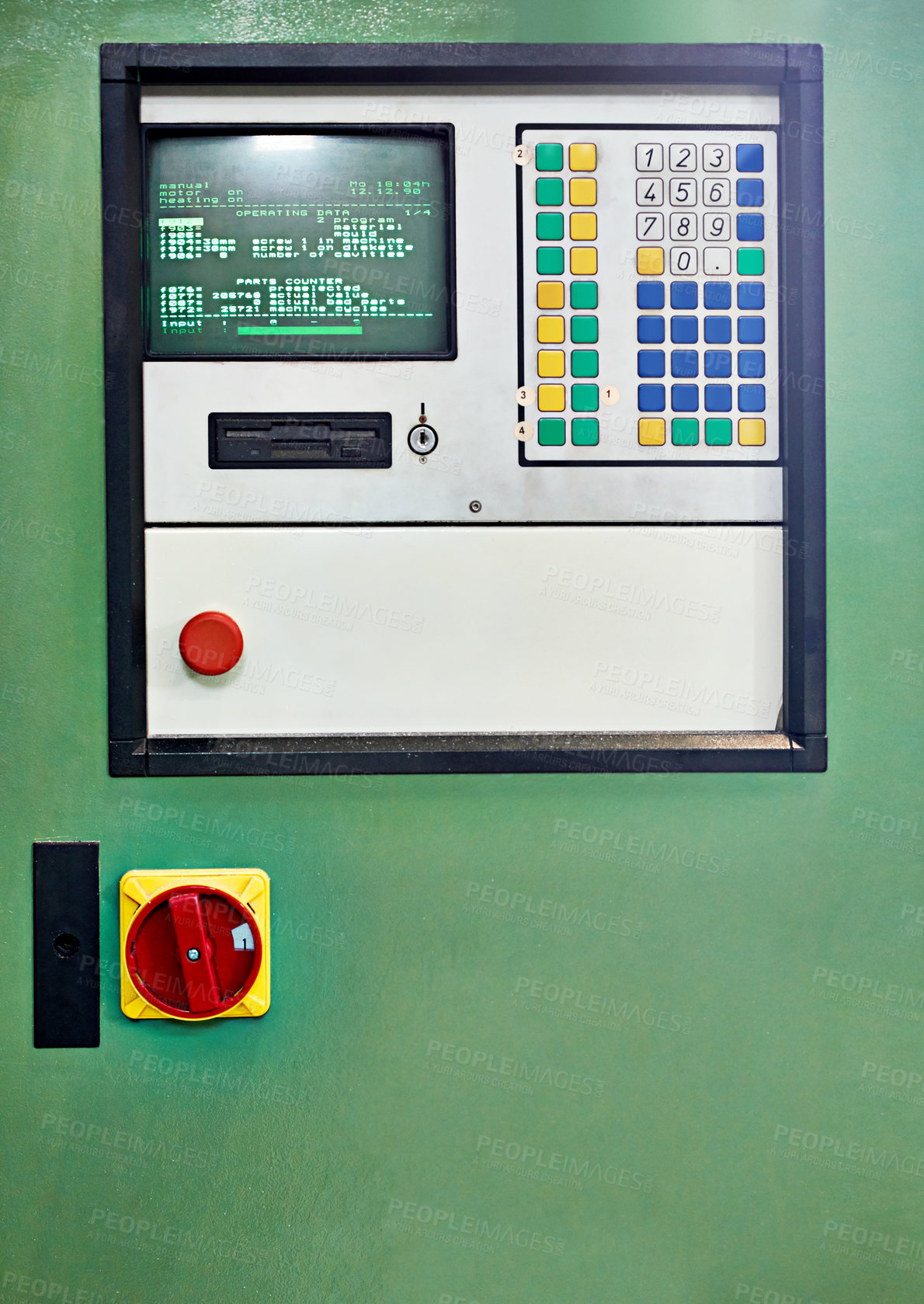 Buy stock photo Closeup shot of a control panel on a piece of factory machinery