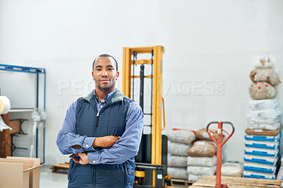 Buy stock photo Equipment, factory and portrait of man in warehouse for inspection of stock, cargo and quality of product goods for distribution. Confident, person and industrial plant for export of supply services