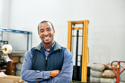 Buy stock photo Portrait of a smiling factory worker