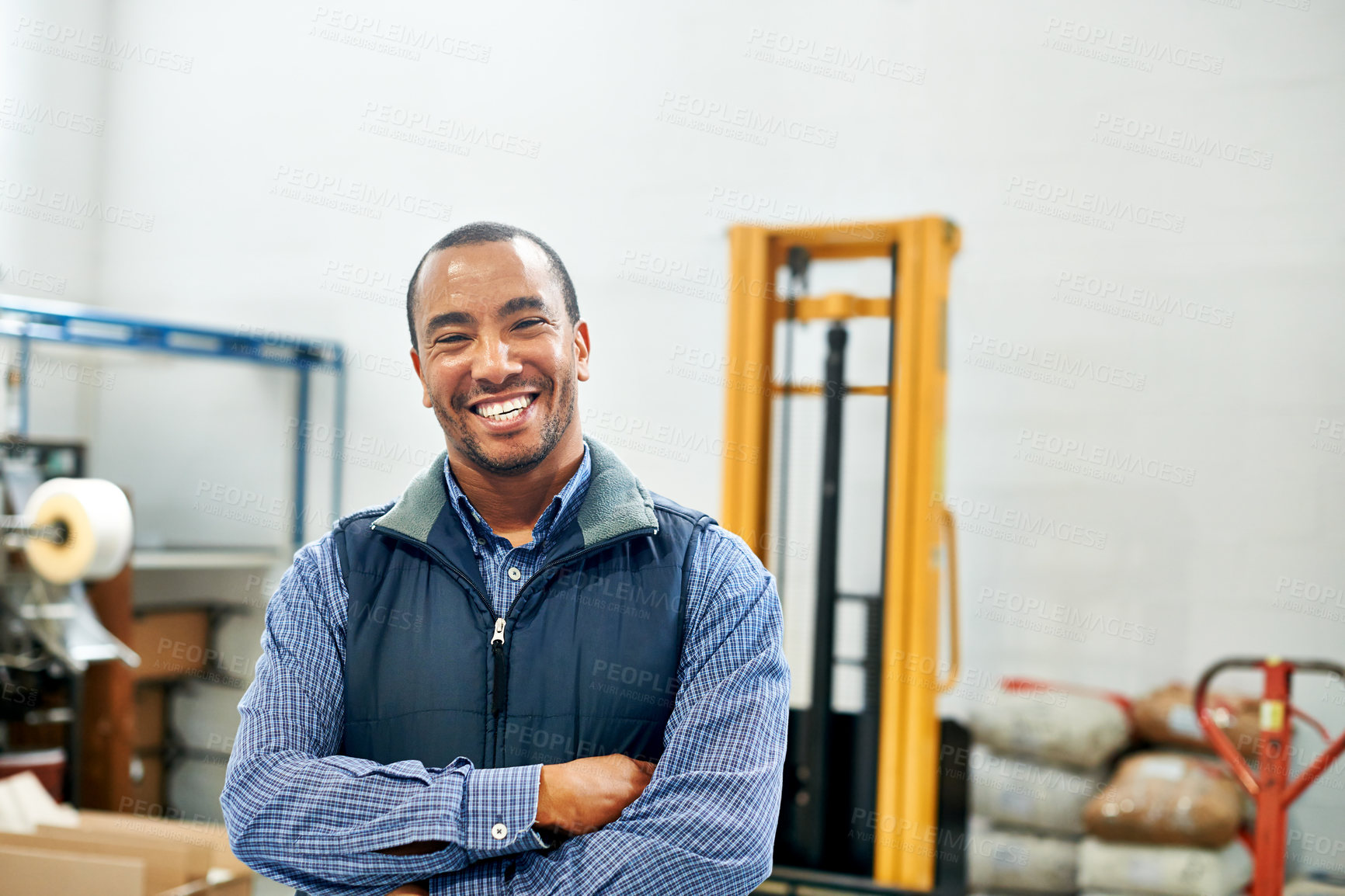 Buy stock photo Portrait of a smiling factory worker