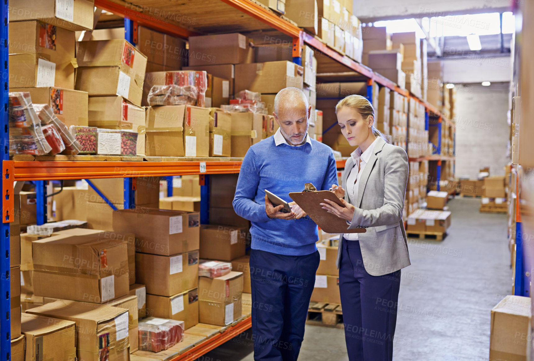 Buy stock photo Warehouse, man and woman with tablet, supply chain and inventory with cooperation and industrial. Clipboard, supervisor and management with technology and update schedule with export and cooperation