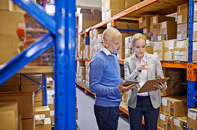 Buy stock photo Tablet, clipboard and business people in storage warehouse for logistics, supply chain and cardboard box. Package, ecommerce and employees with technology for shipping, cargo and stock taking