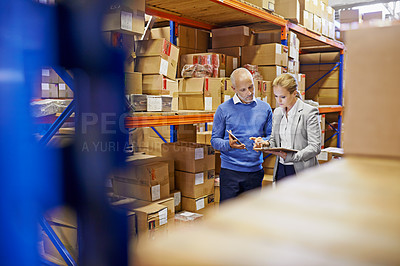Buy stock photo Tablet, clipboard and business people at warehouse with logistics, planning or delivery checklist. Retail, online shopping and factory team with digital, search or app for cargo, stock or procurement