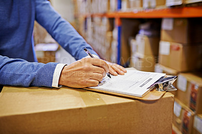 Buy stock photo Hands, sign and clipboard with factory with boxes, clipboard and supply chain warehouse. Delivery, ecommerce and person signature on distribution paperwork, shipping parcel or package with logistics