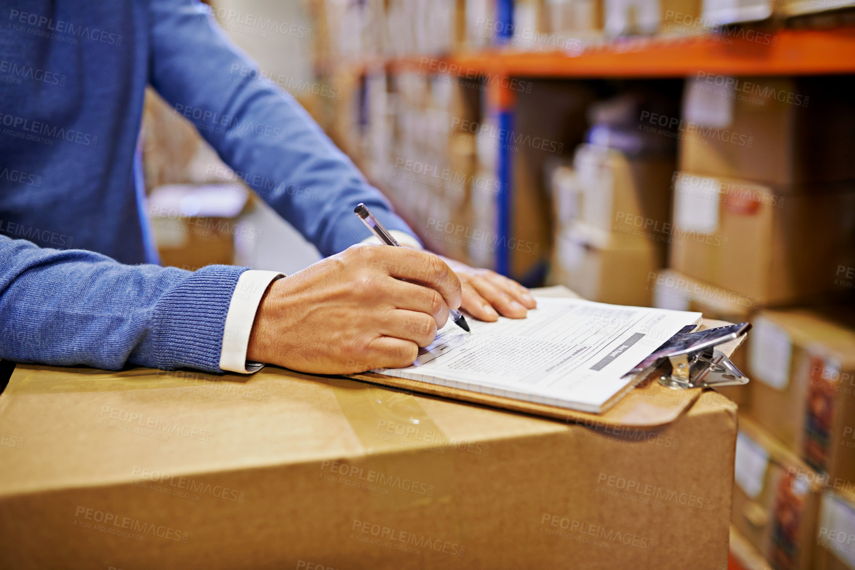 Buy stock photo Hands, sign and clipboard with factory with boxes, clipboard and supply chain warehouse. Delivery, ecommerce and person signature on distribution paperwork, shipping parcel or package with logistics