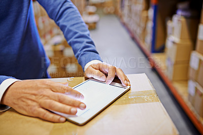 Buy stock photo Man, warehouse and tablet with orders, boxes and stock for delivery, distribution and logistics. Male person, inspector and technology in e-commerce, retail and supply chain for manufacturing