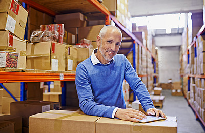 Buy stock photo Tablet, portrait or senior man at warehouse for logistics, planning or cargo, inventory or stock, procurement or search. Digital, scroll and factory manager with app for ecommerce, faq or delivery