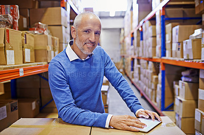 Buy stock photo Man in portrait, tablet with factory with boxes, digital invoice and supply chain warehouse. Delivery, ecommerce and male person e-signature with distribution, shipping package with logistics