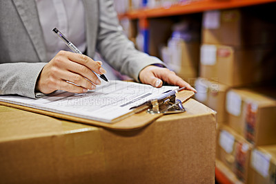 Buy stock photo Hands, sign and clipboard with paperwork in warehouse, logistics and export with supply chain factory. Delivery, ecommerce and person sign distribution paperwork, shipping and wholesale and invoice