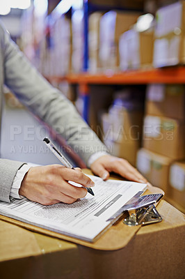 Buy stock photo Hands, signature and clipboard with documents in warehouse, logistics and export in supply chain factory. Delivery, ecommerce and person sign distribution paperwork, shipping wholesale and invoice