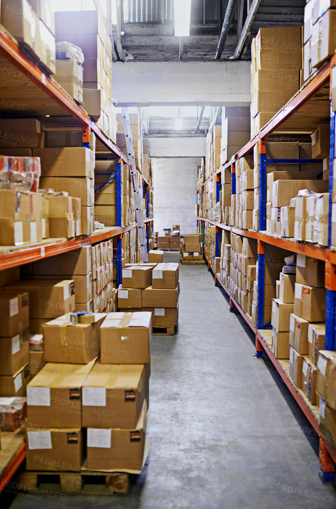 Buy stock photo Warehouse, shelf and boxes with storage, distribution and import with export for products and shipping. Empty, package or inventory with cargo and manufacturing with industry, service or supply chain