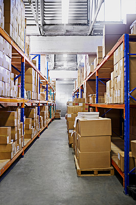 Buy stock photo Warehouse, shelf and boxes with storage, supply chain and import with export for products and shipping. Stock, package or inventory with cargo and manufacturing with industry, service or distribution