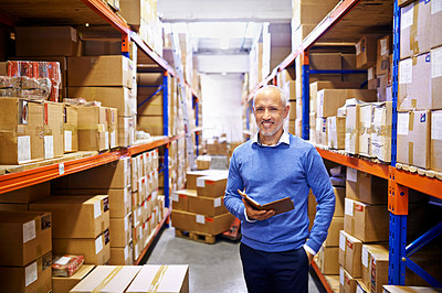 Buy stock photo Tablet, portrait or mature man with factory logistics for a delivery order in workshop on internet by boxes. Online, smile or supply chain for ecommerce product, package or wholesale cargo shipping 