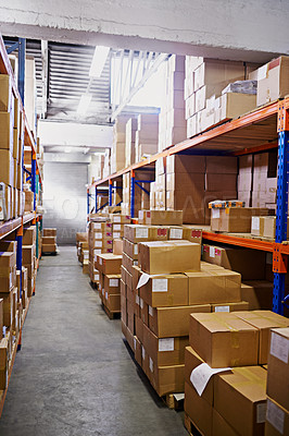 Buy stock photo Warehouse, boxes and industry with distribution, storage and inventory with shelves and service. Import, export and cardboard with package or manufacturing with cargo, backlog or parcel with supplier