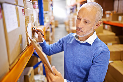 Buy stock photo Checklist, factory or mature man with warehouse logistics for delivery order, storage or stock on clipboard. Writing, plant or supply chain inspection for product, package or wholesale cargo shipping