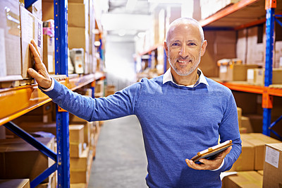Buy stock photo Tablet, portrait or mature man with warehouse logistics for a delivery order in factory on internet by boxes. Online, shelf or supply chain for ecommerce product, package or wholesale cargo shipping 
