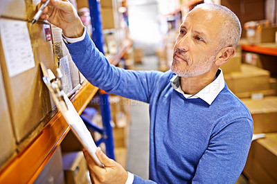 Buy stock photo Checklist, boxes or mature man with warehouse logistics for delivery order, storage or stock on clipboard. Factory, plant or supply chain inspection for product, package or wholesale cargo shipping