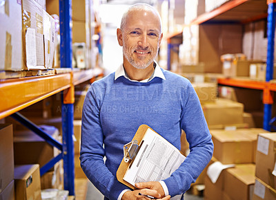 Buy stock photo Portrait, boxes or man with factory checklist for delivery order, storage or stock on clipboard. Warehouse, mature manager or supply chain inspection for product, package or wholesale cargo shipping