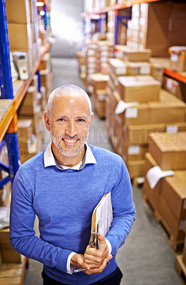 Buy stock photo Portrait, boxes or man with printing factory checklist for delivery order, storage or stock on clipboard. Warehouse, mature manager or supply chain inspection for plant, package or wholesale shipping