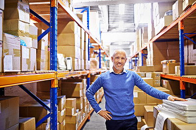 Buy stock photo Portrait, boxes or man in printing factory for delivery order, storage or stock in warehouse or plant. Smile, happy mature manager or supply chain inspection for cargo, package or wholesale shipping