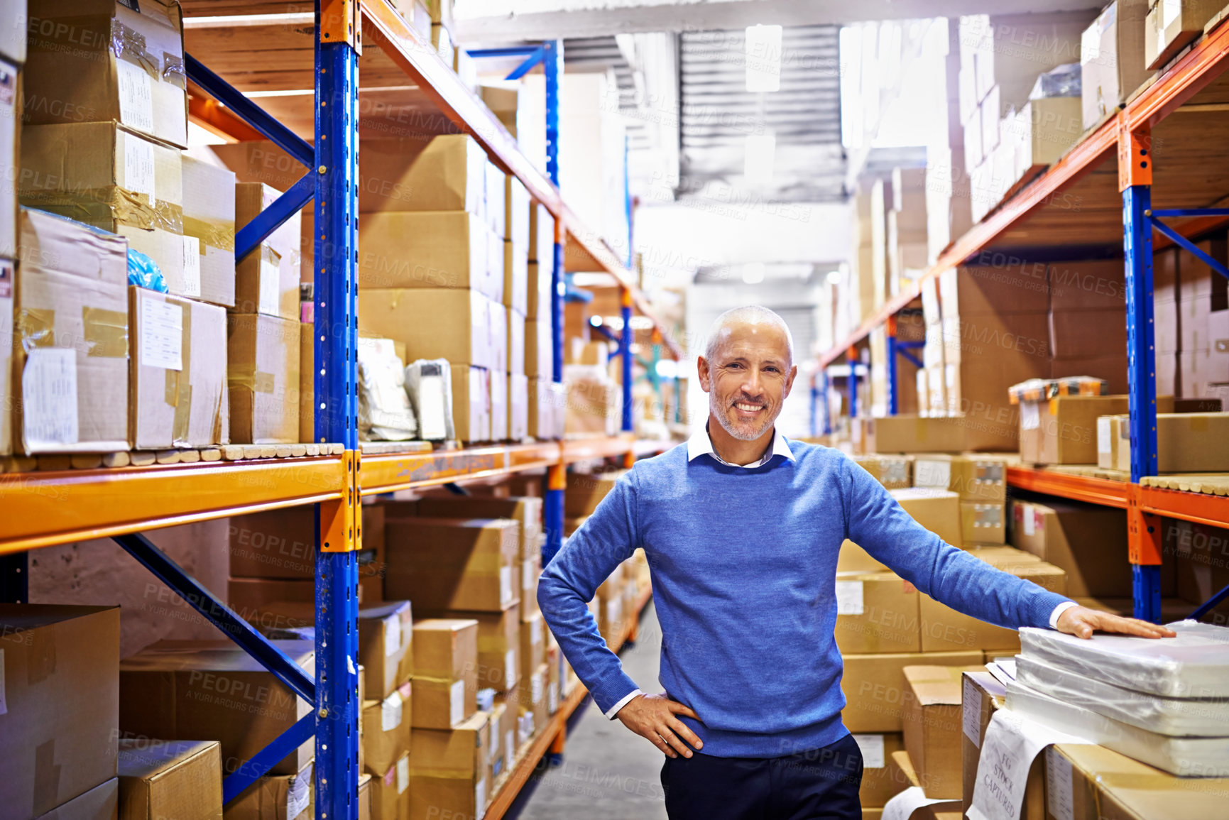 Buy stock photo Portrait, boxes or man in printing factory for delivery order, storage or stock in warehouse or plant. Smile, happy mature manager or supply chain inspection for cargo, package or wholesale shipping