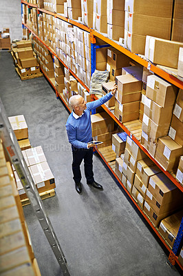 Buy stock photo Tablet, boxes or above of man in factory for delivery order, storage or stock in warehouse for website. Printing, mature manager or supply chain inspection for cargo, package or wholesale shipping