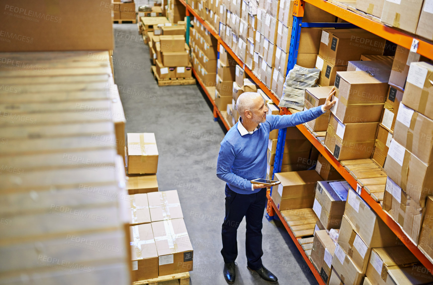 Buy stock photo Tablet, box or top view of man in warehouse for delivery order, storage or stock in factory for website. Printing, mature manager or supply chain inspection for cargo, package or wholesale shipping