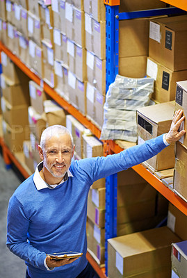 Buy stock photo Top view, box or portrait of man in warehouse for delivery order label, storage or stock in factory with tablet. Printing, happy mature manager or supplier inspection on package or wholesale shipping