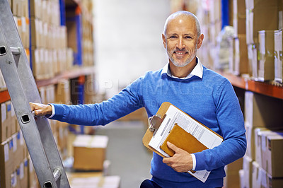 Buy stock photo Ladder, box or portrait of man in warehouse for delivery order label, storage or stock in factory with checklist. Printing, happy and manager or supplier inspection on package, cargo or shipping