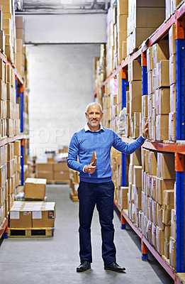 Buy stock photo Checklist, boxes or man in warehouse for shipping delivery order, storage or stock in factory with tablet. Printing logistics, happy mature manager or supplier inspection on package, cargo or safety