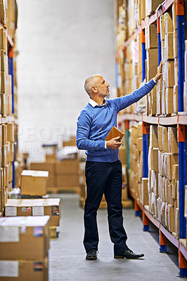 Buy stock photo Shelf, boxes or man in factory for shipping delivery order, storage or stock in warehouse on tablet. Printing logistics, mature manager or supplier inspection on package, cargo or safety checklist