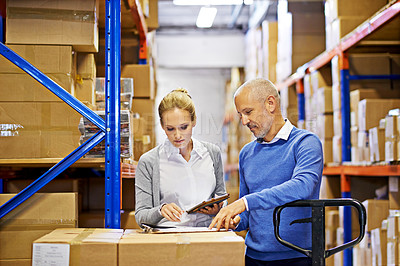 Buy stock photo Technology, checklist and business people in distribution warehouse for logistics, supply chain and cardboard box. Package, ecommerce and employees with tablet for shipping, cargo and stock taking