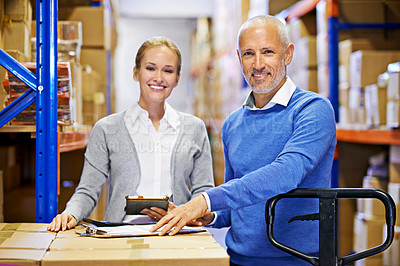 Buy stock photo Portrait, warehouse and man with woman, tablet or documents with shipping form or cargo. Supply chain, factory or manufacturing with teamwork or boxes with stock or logistics with storage or industry