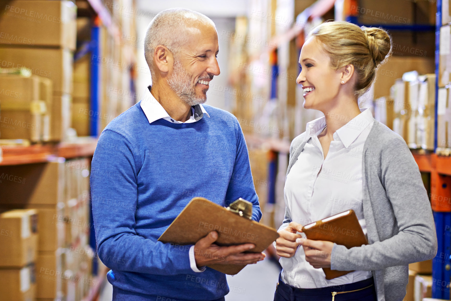 Buy stock photo Tablet, boxes or happy people in warehouse for shipping delivery order, teamwork or stock in factory on clipboard. Printing logistics, managers or supplier inspection on package checklist or cargo
