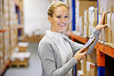 Buy stock photo Tablet, portrait or happy woman in warehouse for shipping delivery, box shelf and stock in factory for storage. Printing logistics, smile or supplier inspection on package, cargo or for online order