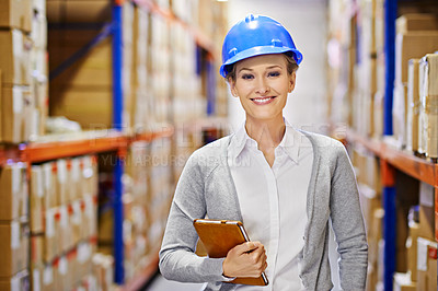 Buy stock photo Tablet, portrait or woman in warehouse for inspection, shipping delivery, product or stock in factory by shelf. Printing logistics, safety inspector or boxes for package or cargo for online order