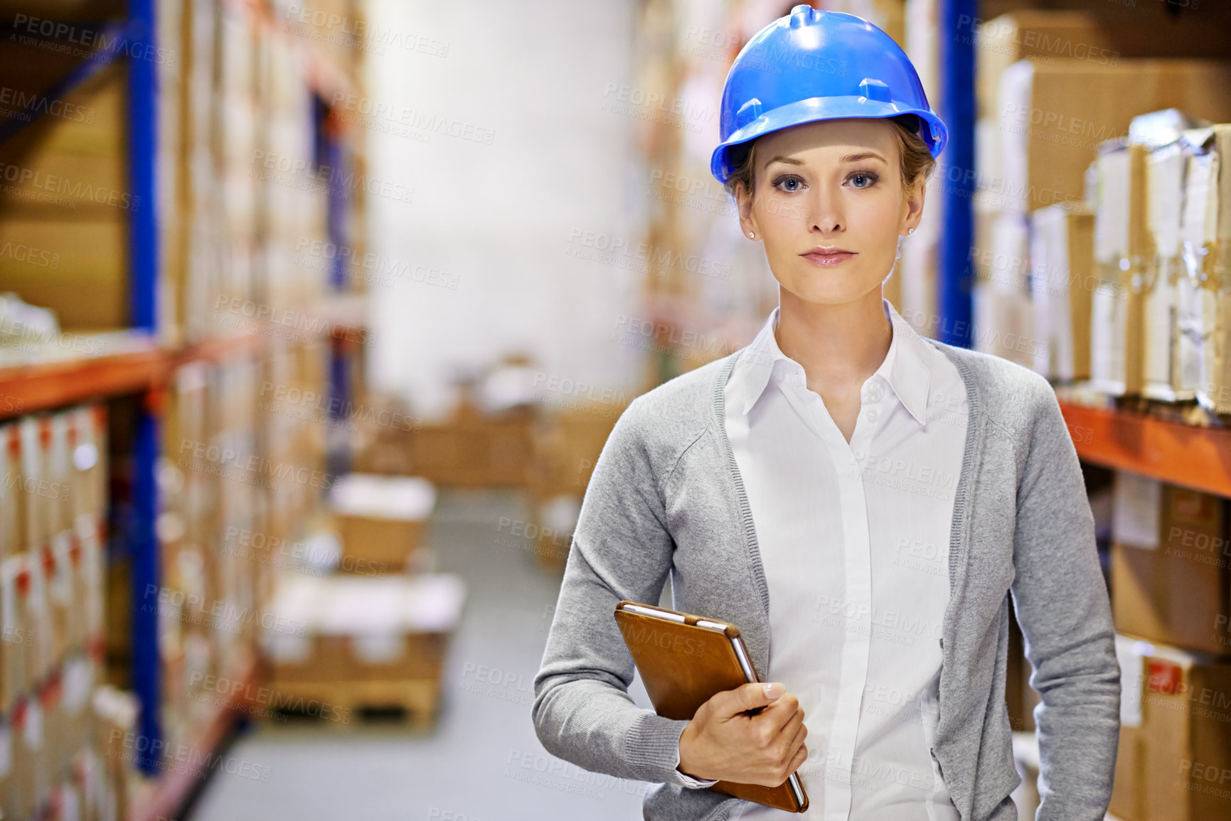 Buy stock photo Tablet, portrait or woman in factory for inspection, shipping delivery, product or stock in warehouse by shelf. Printing logistics, safety inspector or boxes for package or cargo for online order