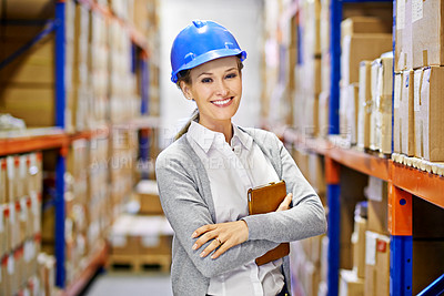 Buy stock photo Tablet, portrait or woman in warehouse for storage, shipping delivery, product or stock in factory by shelf. Packaging, logistics, boxes or inspection on package or cargo for online order on website